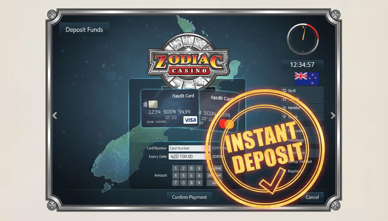 Casino cashier screen showing Visa &, Mastercard instant deposit with NZ map background