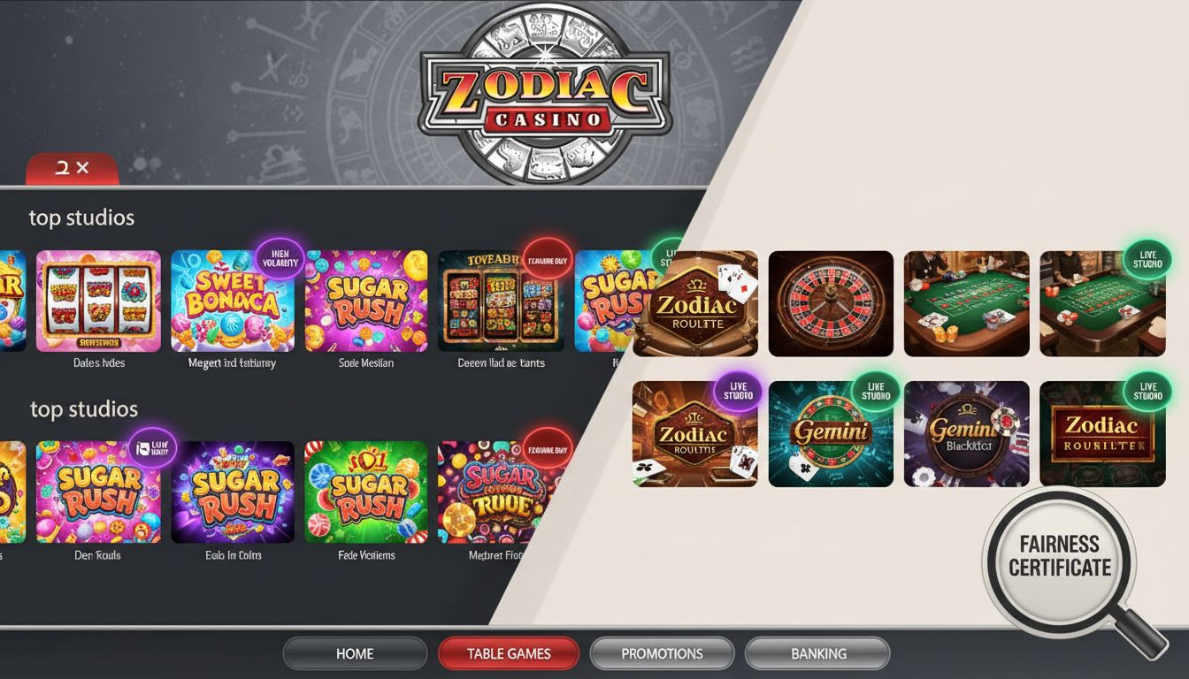 Slots library collage with live tables and fairness badge