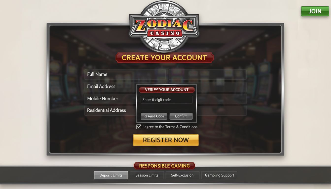 User interface showing form pop-ups, verification, &, responsible gaming tools